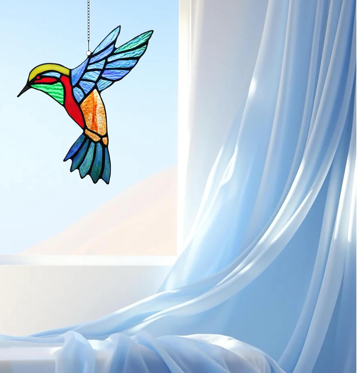 Birds Stained Glass Window Hangings, Handmade Hummingbird Gifts Suncatcher for Window Decor,Sun Catcher Bird Decoration Gifts for Mom,Bird Lovers (Blue-Winged)