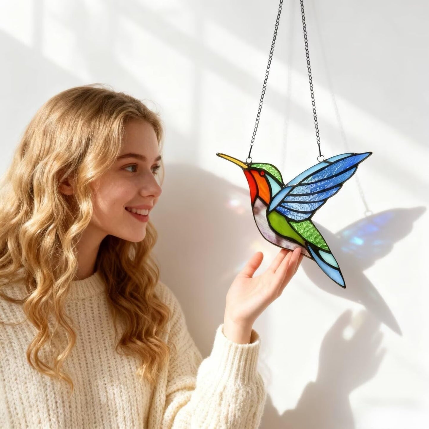 Handcrafted Stained Glass Hummingbird Tiffany Style Stained Glass Window Panels Sun Catcher Bird