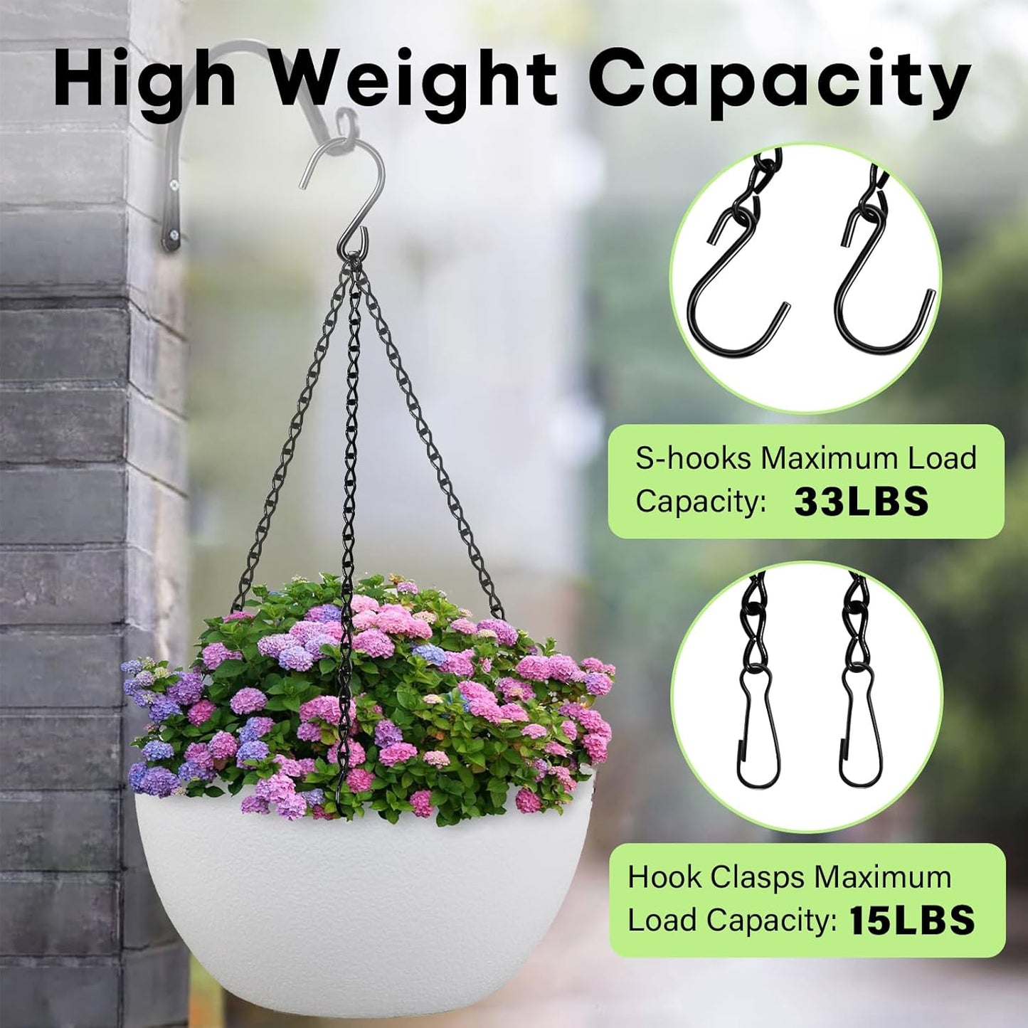Upgraded 180”Heavy Duty Metal Hanging Chains with Hanging Basket Hooks Set for Planters,Birdcage,Birds Feeder,Grow Lights,Lanterns,Billboards,Wind Chime and Ornaments,Chain Hooks DIY,Black