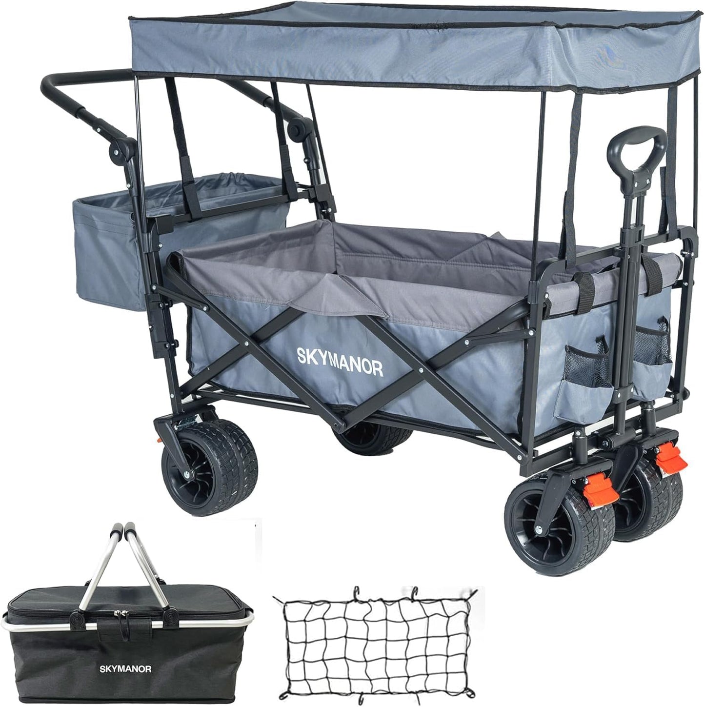 SKYMANOR Collapsible Wagon Folding Garden Cart with Removable Canopy Utility Heavy Duty Wagon Cart with All-Terrain Wheel Storage Brake for Camping Shopping (Upgraded Canopy-Gray Splicing)