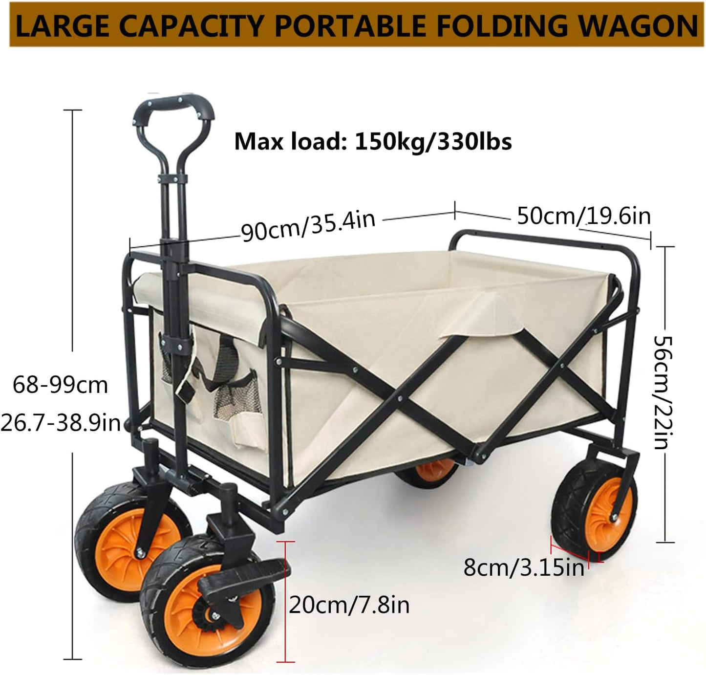 Heavy Duty Collapsible Folding Wagon - Portable All-Terrain Utility Cart for Beach, Garden, Camping & Shopping - Large Capacity Hand Cart with Durable Wheels, Black