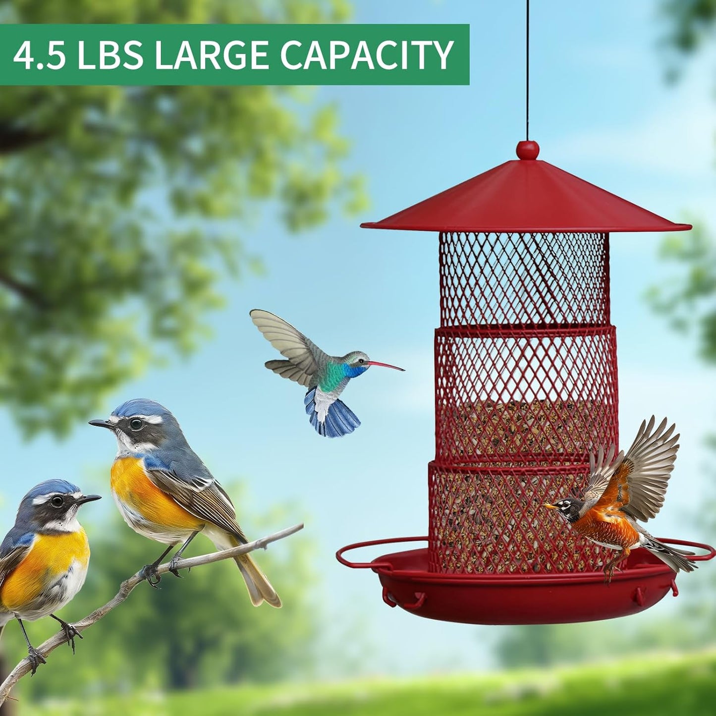 Bird Feeders for Outdoors Hanging, Durable Metal Birds Feeder with 4.5LB Large Capacity, Red Winter Bird Feeders,Sturdy & Weatherproof, Easy to Clean & Refill, Great for Attracting Cardinal,Blue Jay