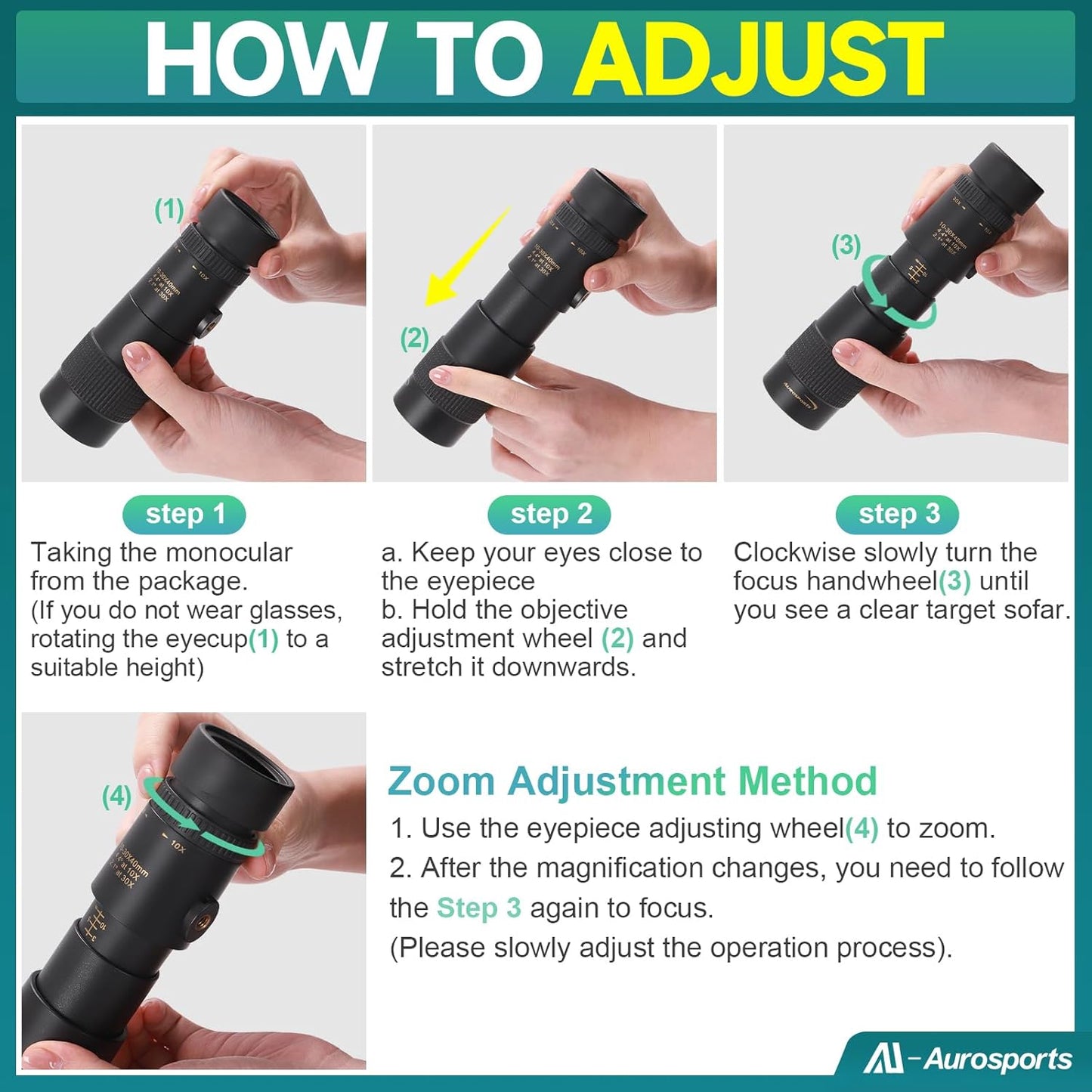 Aurosports 10-30x40 Zoom Monocular for Adults, Monocular Telescope Hig