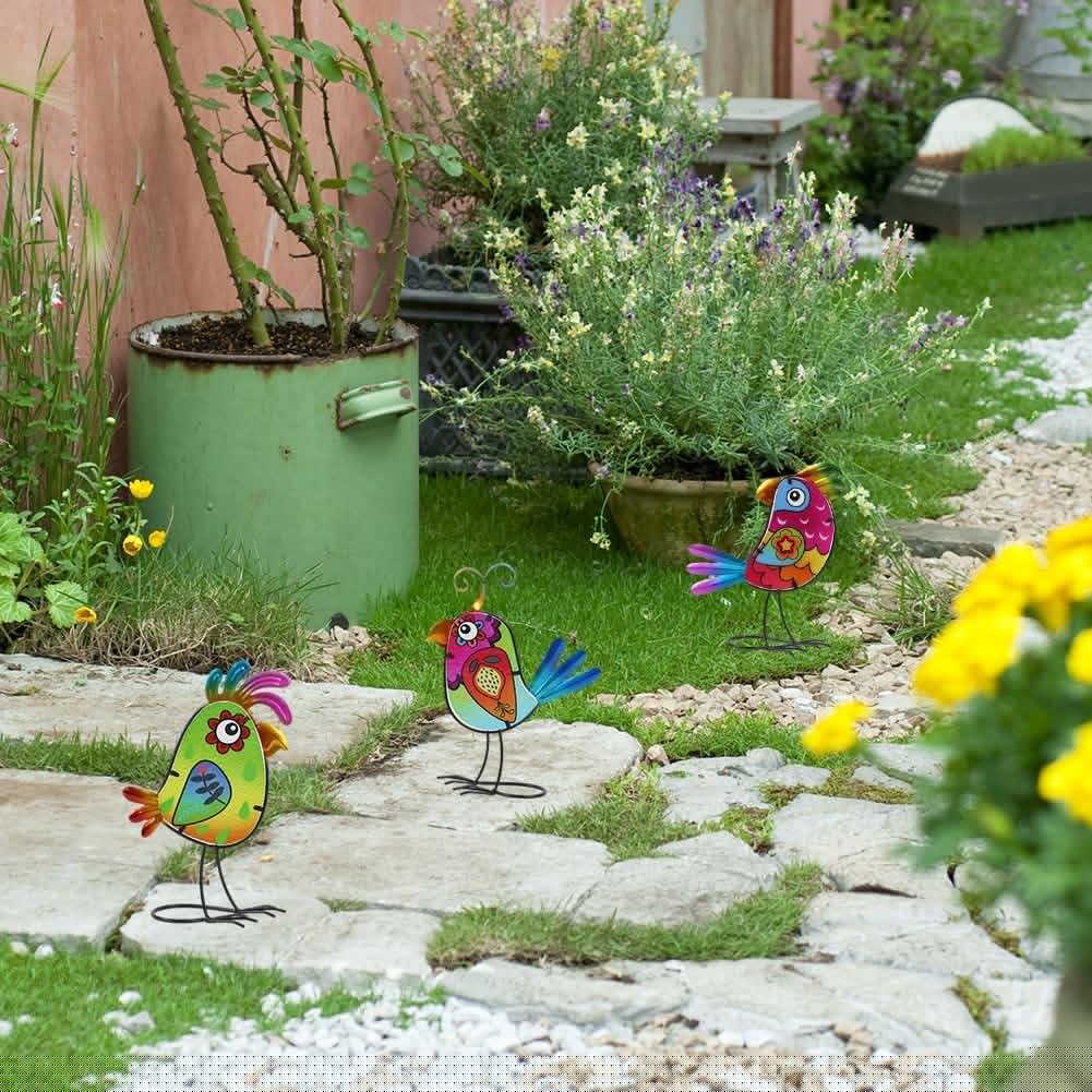 3 Pack Garden Outdoor Metal & Glass Bird Yard Art Decor, Yard Art Deco