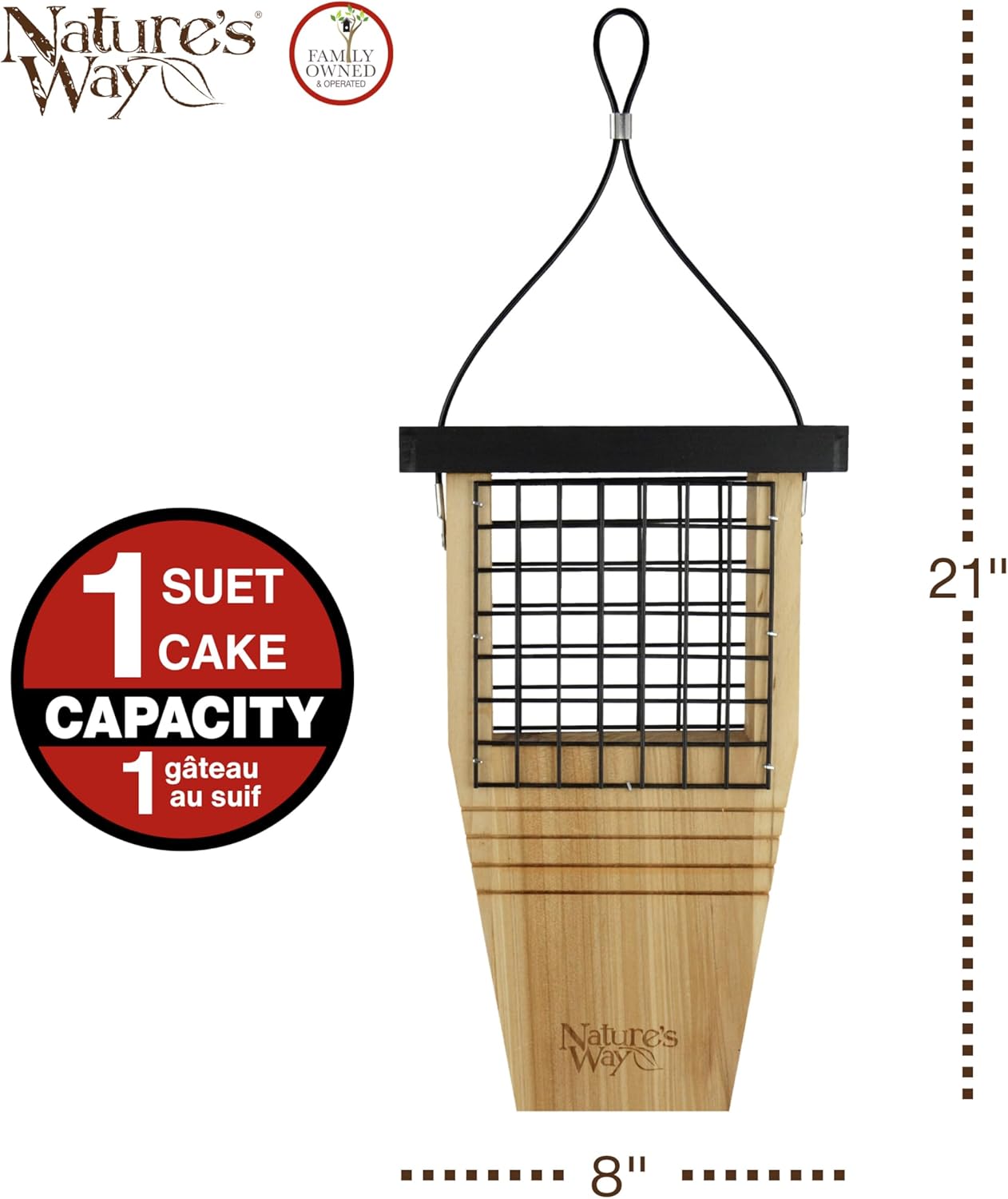 Nature’s Way Cedar Woodpecker Suet Feeder with Tail Support, Heavy-Duty Wood Design, 1 Suet Cake Capacity, Black Weather Guard Roof