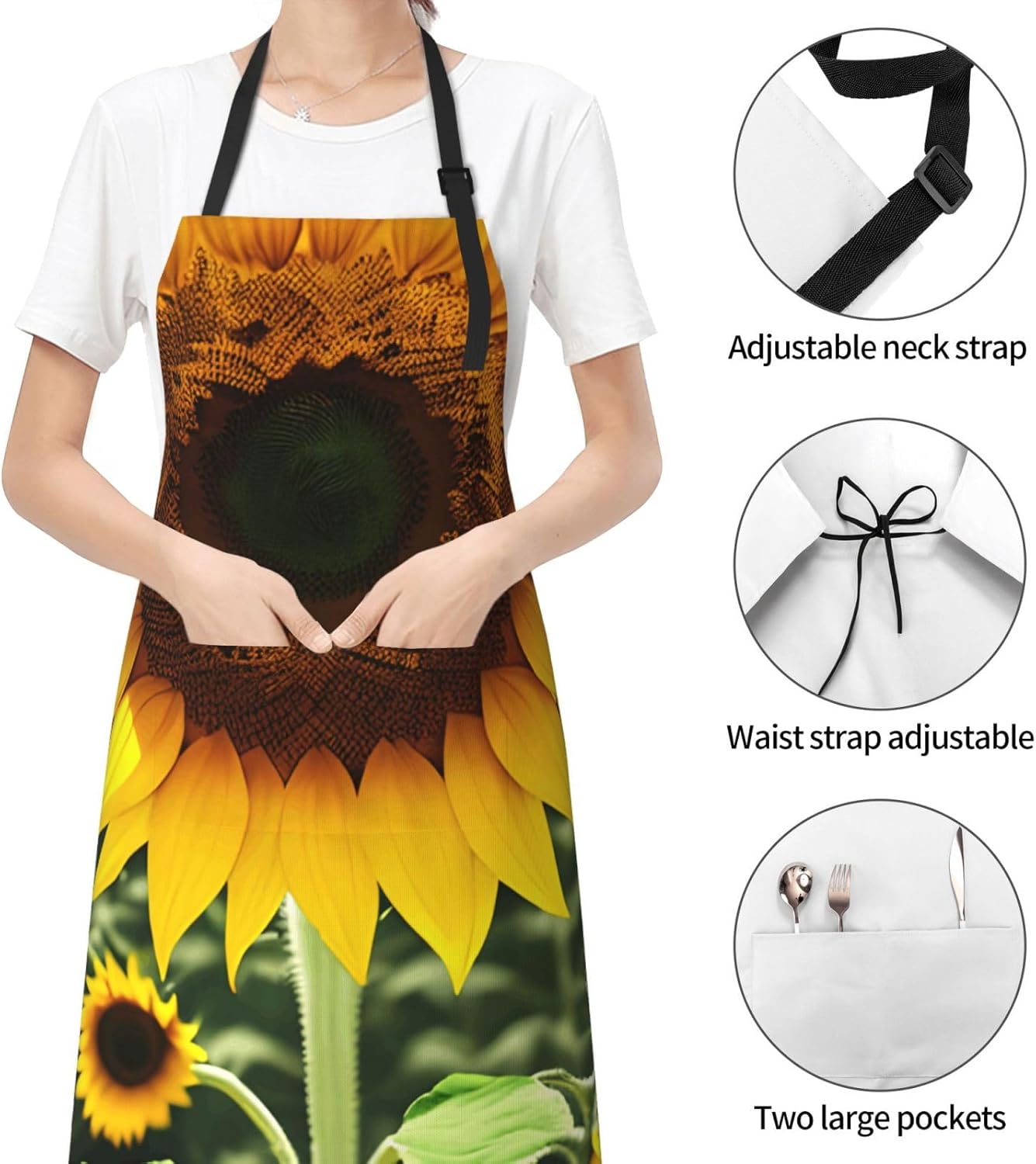 Yellow Sunflower Print 28x33 In Kitchen Apron Stylish Chef Apron with Pockets for Cooking Baking Painting