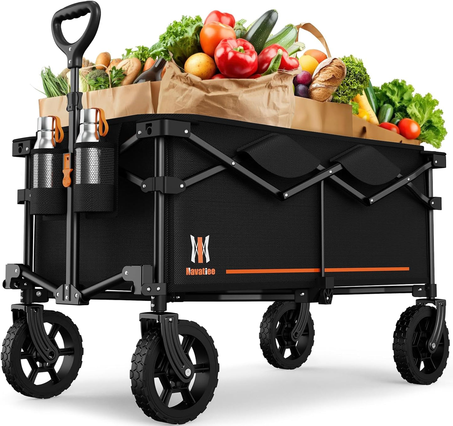 Navatiee 140L Collapsible Folding Wagon, Large Capacity Foldable Wagon with Silent All-Terrain Wheels, Utility Grocery Cart for Camping Shopping Outdoor, Black