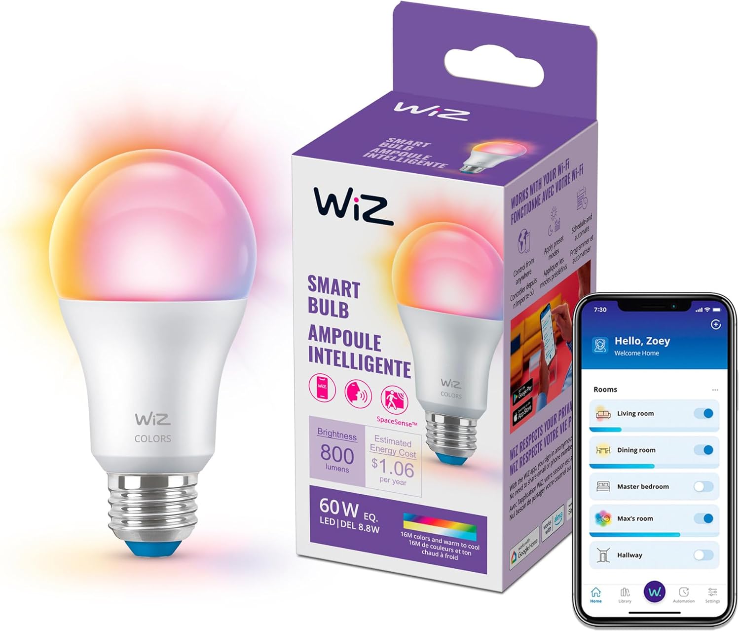 WiZ Connected LED 스마트 전구, 일몰에서 일출 자동화 + 모션 감지 + 음성 또는 앱으로 제어, 풀 컬러 A19