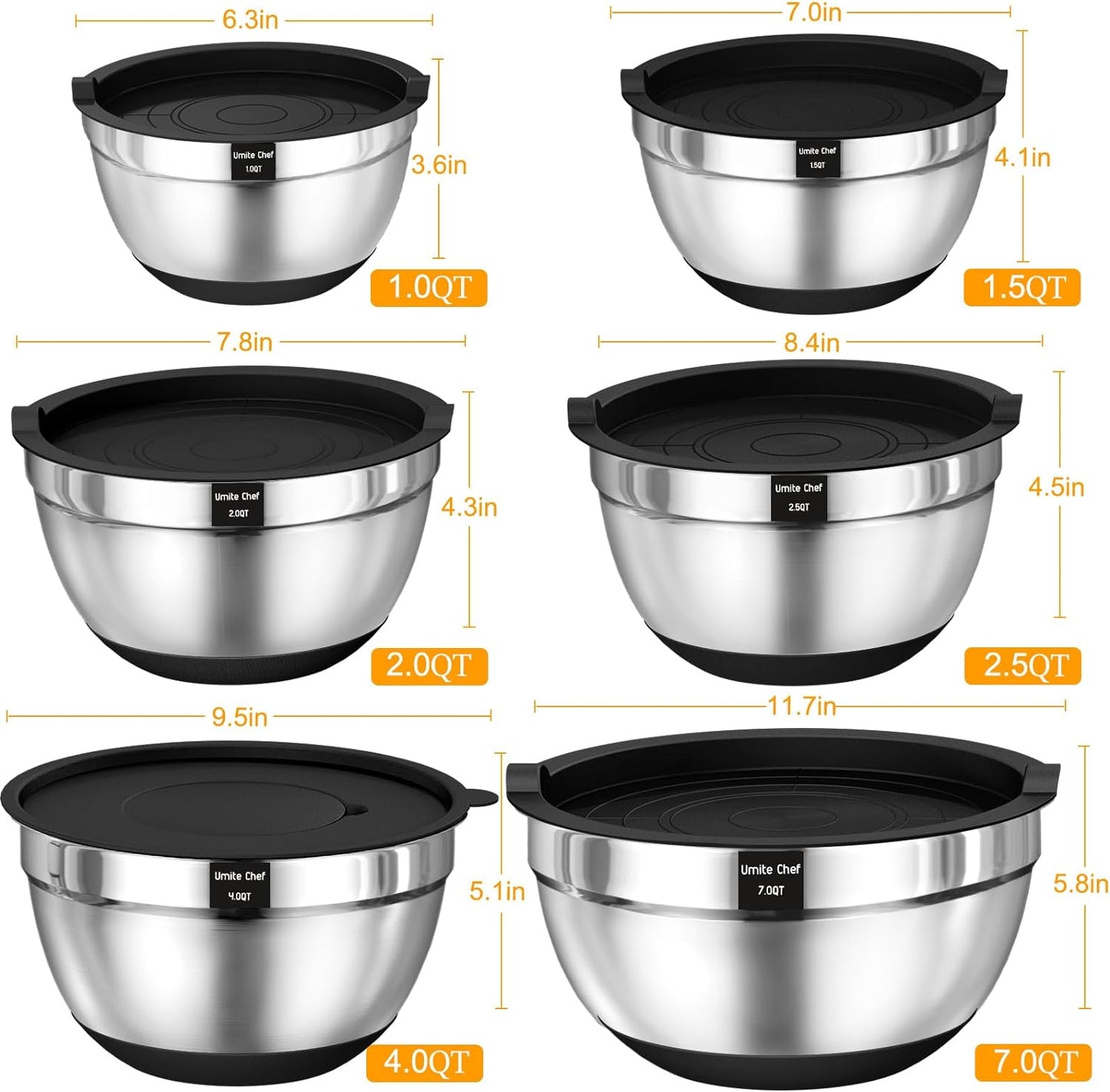 Umite Chef Mixing Bowls with Airtight Lids, 26Pcs Stainless Steel Bowl