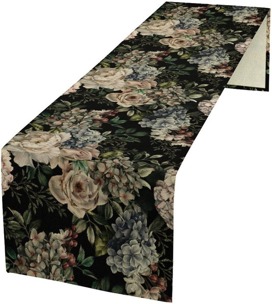 Retro Floral Table Runner, Dark Watercolor Flowers Boho Gothic Botanical Plant Art Table Runner for Indoor Outdoor Dinner Party Decor, 13x70inch