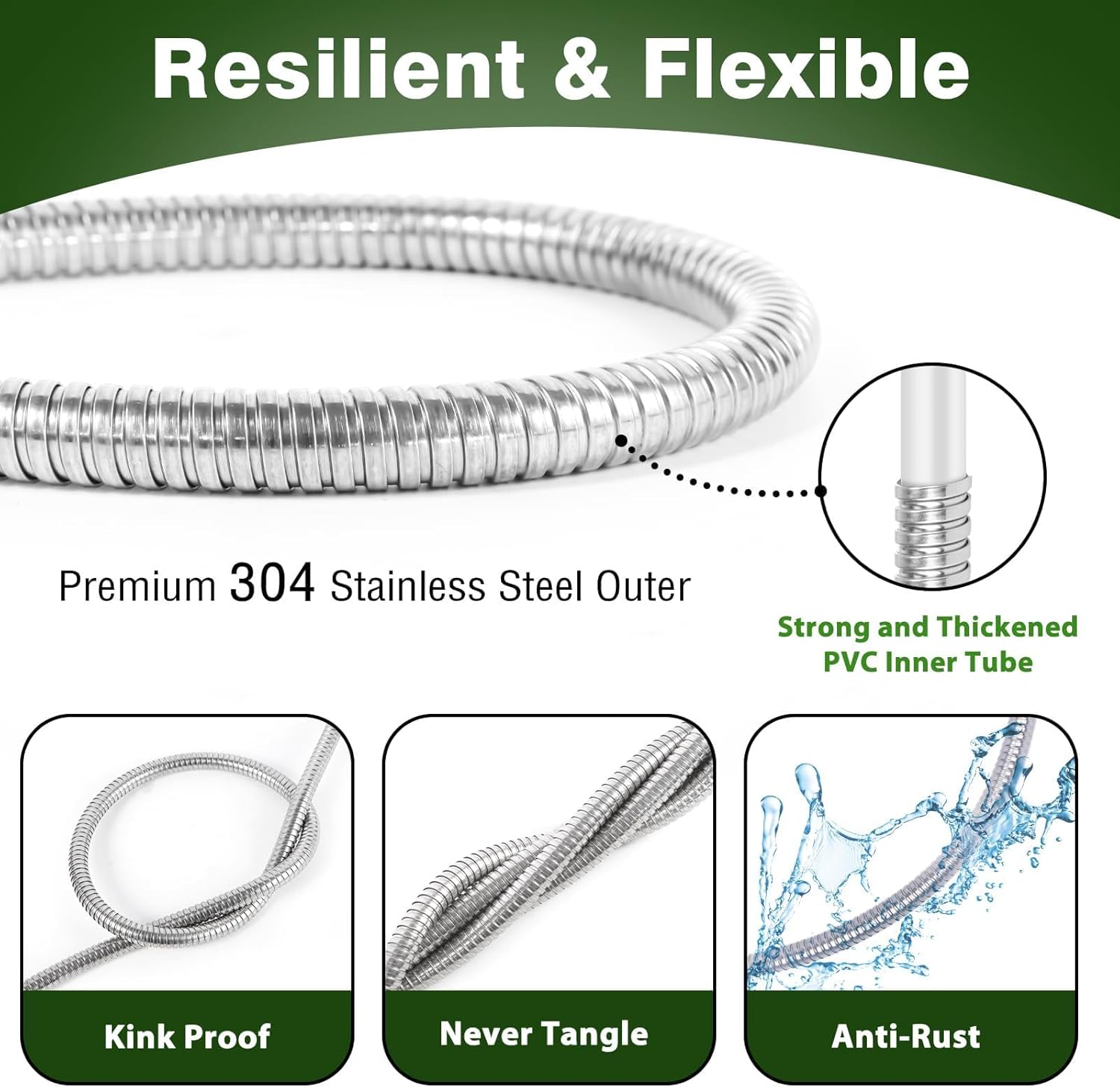 75FT Metal Garden Hose 304 Stainless Steel Flexible Water Hose - No Ki