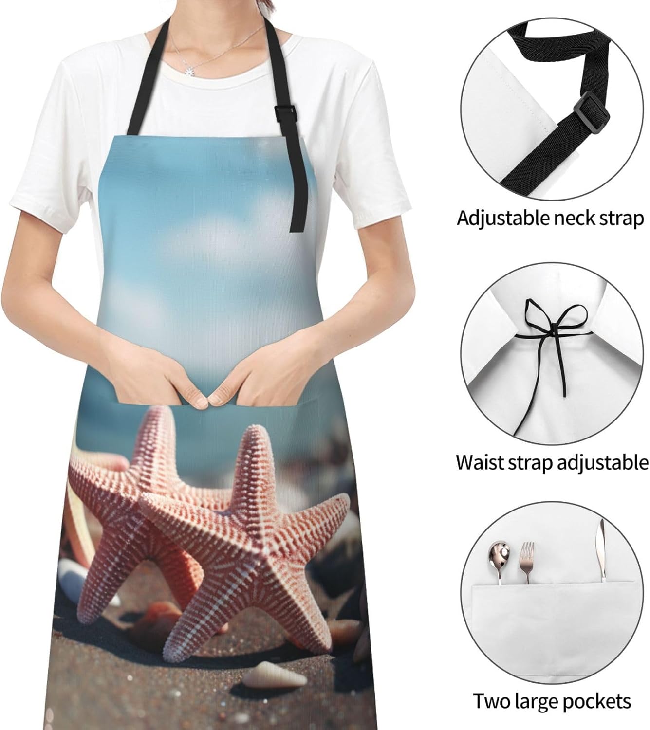 beach starfish print Waterproof apron with pocket adjustable cooking a