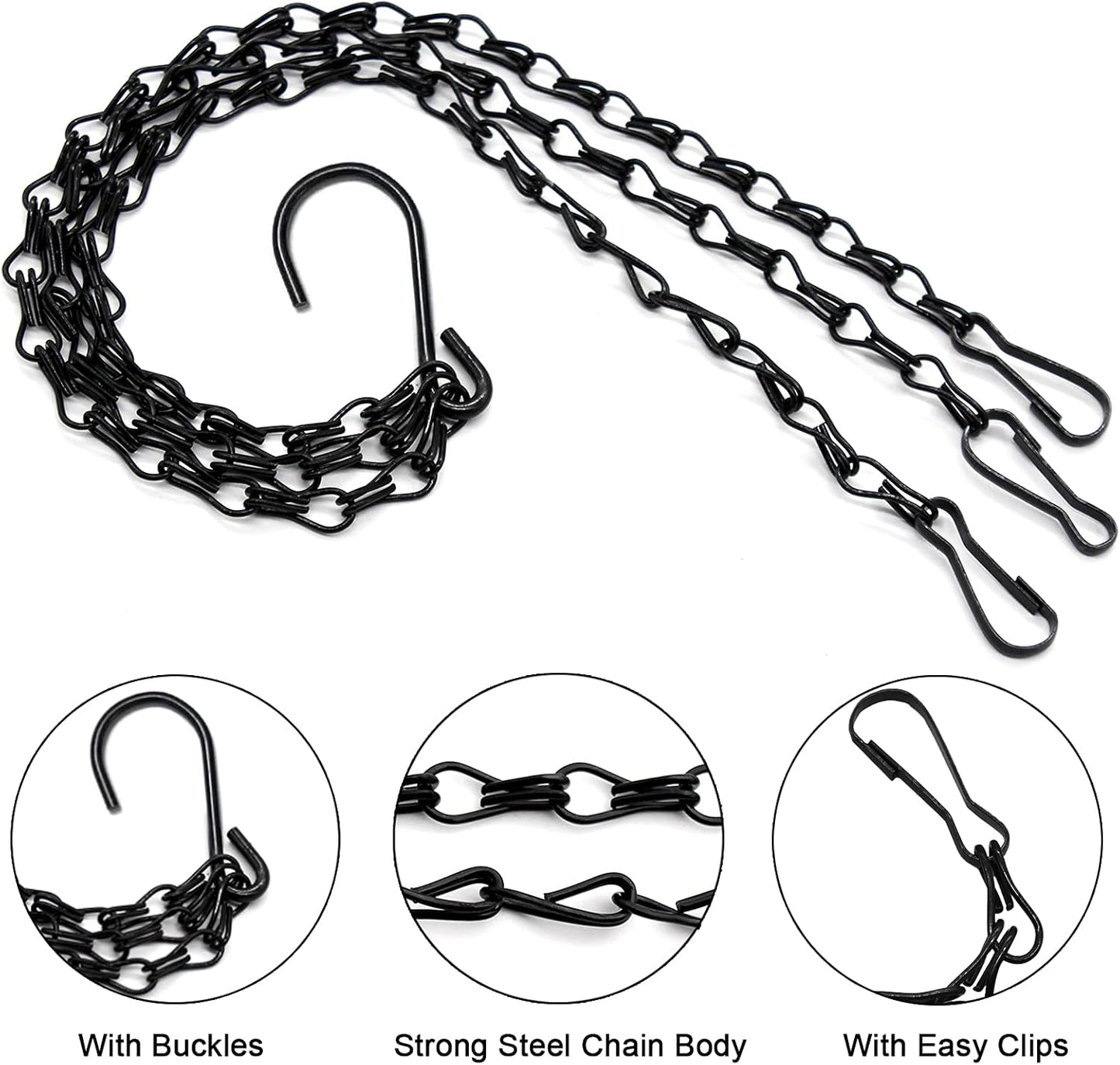 Benvo 16 inch Long Hanging Plant Chains Flower Pot Hangers with Clips and Hooks 3 Point Replacement Chain Holders for Baskets Bird Feeders Planters and Other Ornaments (Pack of 3, Black)