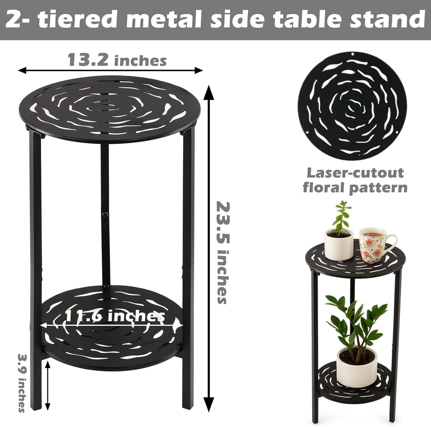 2-Tier Metal Round Side Table Black Accent Coffee Tables Small Space C