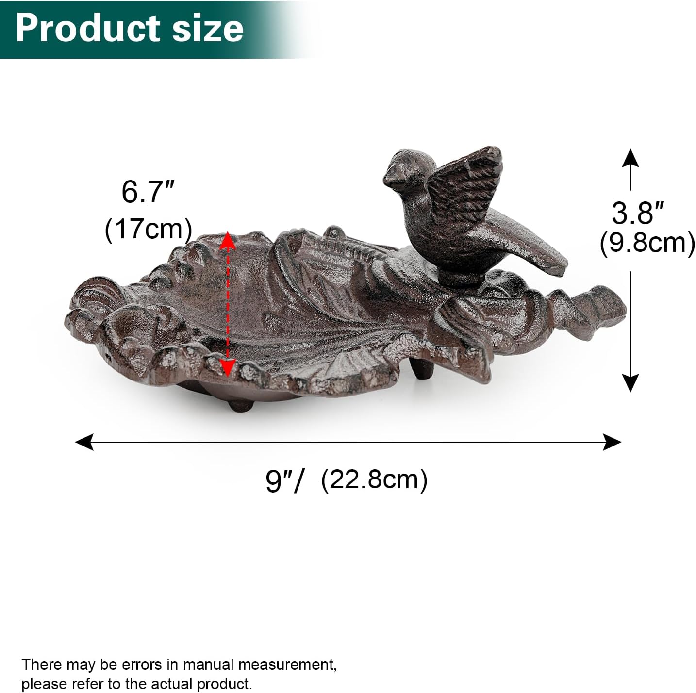Sungmor Cast Iron Bird Feeder Dish, Rustic Brown Small Bird Feeding Tray, Decorative Leaf-Shaped Outdoor Bath Bowl Food Container for Garden, Patio or Yard