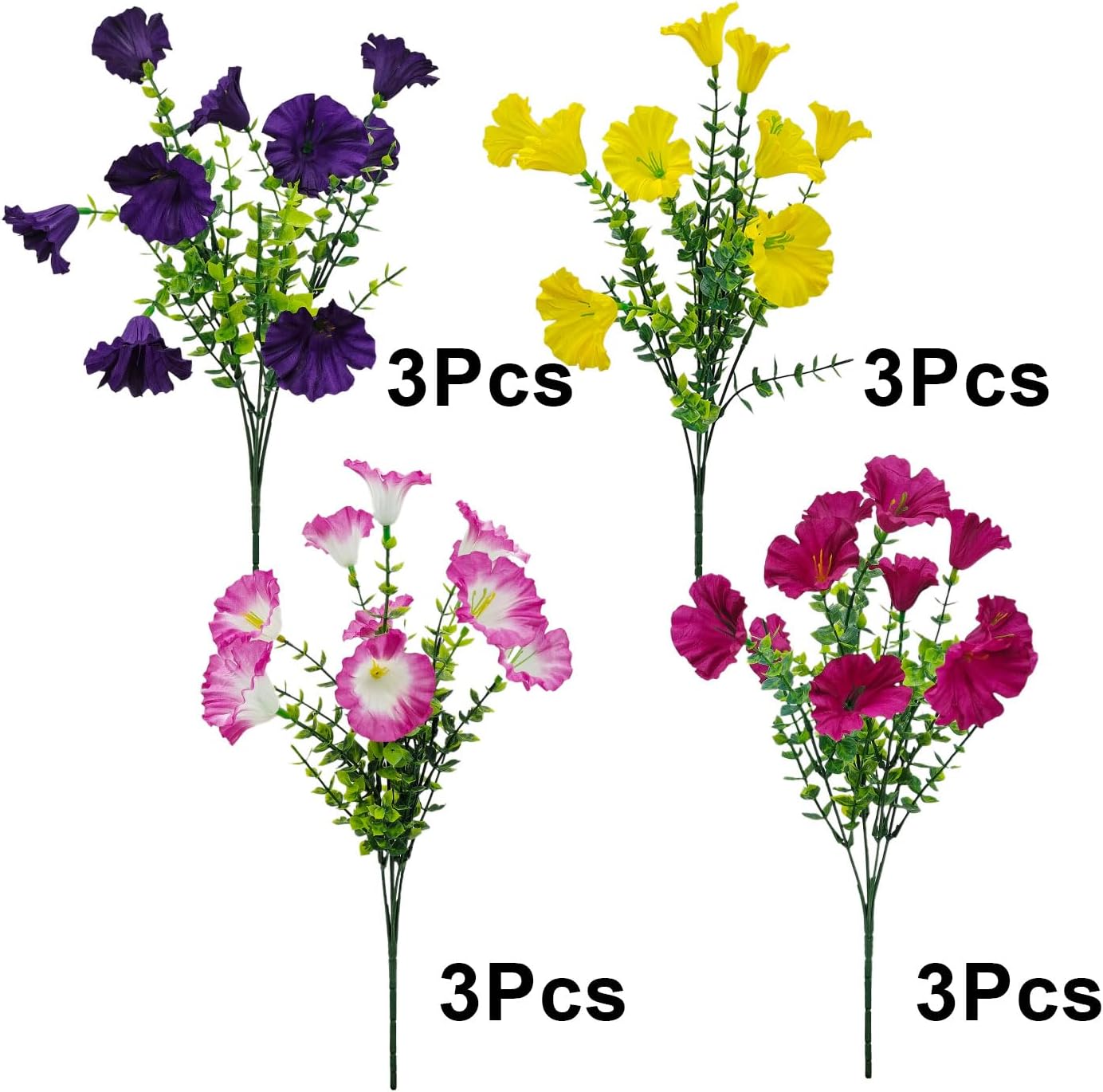 12 Bundles Artificial Flowers for Outdoors UV Resistant Morning Glory Artificial Flowers Fake Petunias for Home Front Porch Garden Patio Window Box Outside Indoor Planter Decor (4 Colors)
