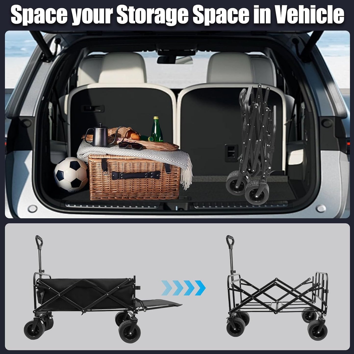 440 LBS Wagons Carts Foldable, Folding Collapsible Wagon Cart with Big All-Terrain Wheels & Cup Holders, Utility Graden Carts for Camping, Beach, Garden and Shopping