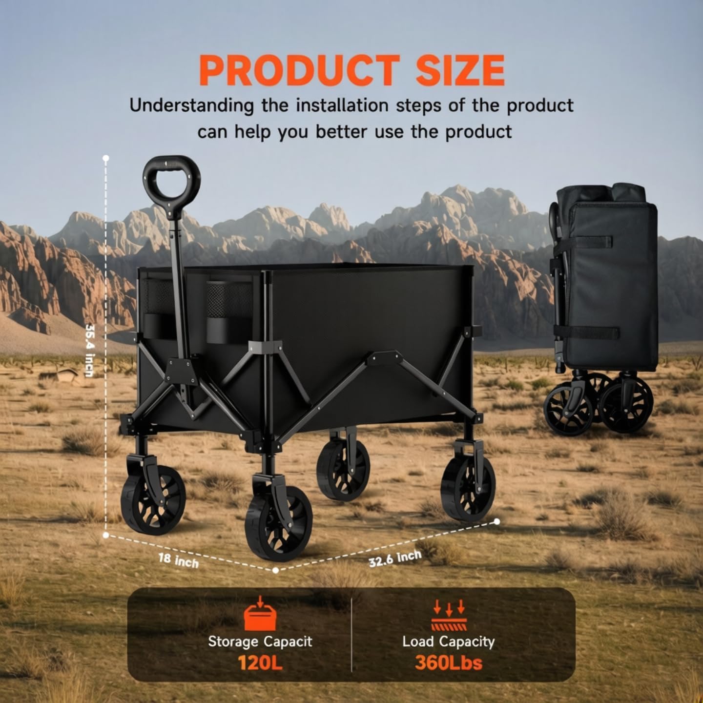 Collapsible Folding Wagon, Wagon Cart Heavy Duty Foldable with Two Drink Holders, Utility Grocery Wagon for Camping Shopping Sports