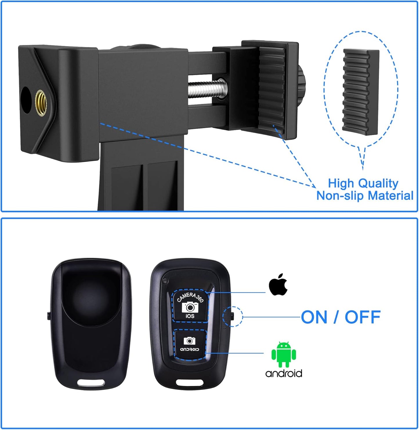 Universal Phone Tripod Mount Adapter with Ｗireless Camera Remote , Cell Phone Holder with Adjustable Clamp for Selfie Stick Monopod Compatible with iPhone, Samsung and so on , Wrist Strap Included