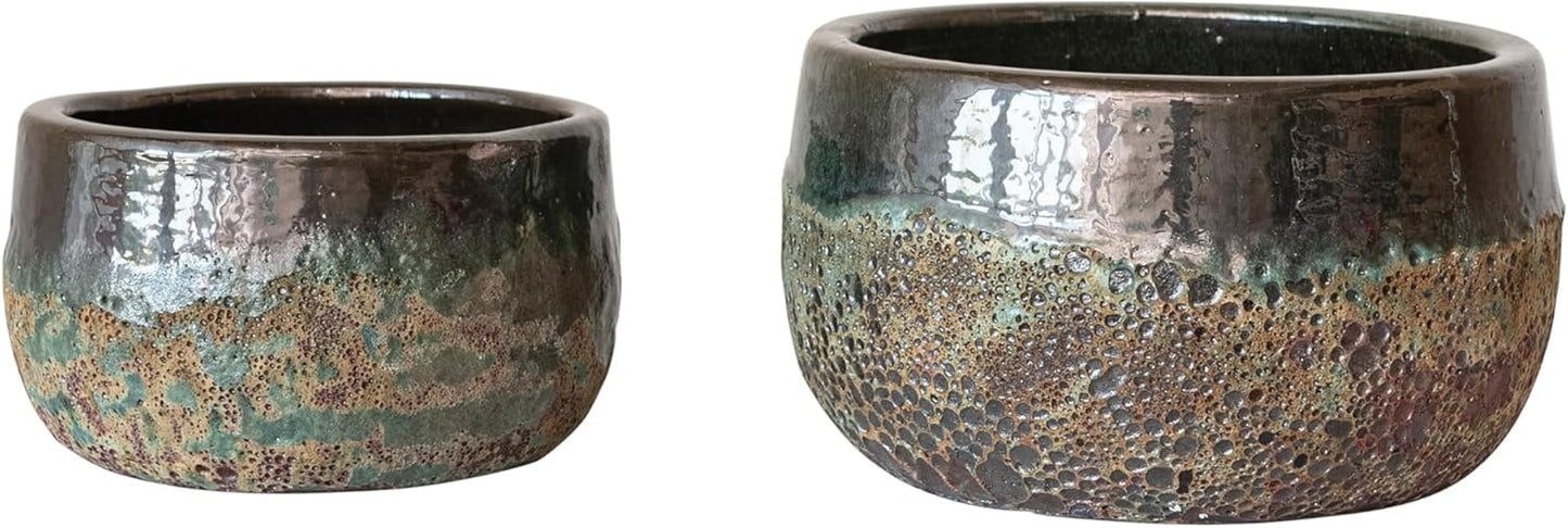 Creative Co-Op Textured Terra-Cotta Planters, Set of 2, Blue and Brown