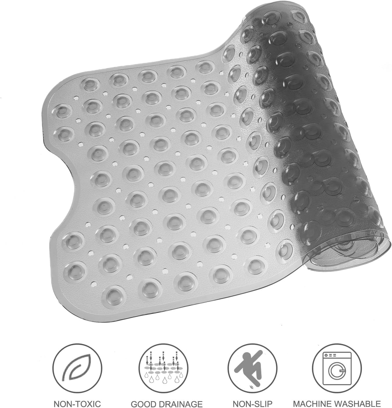 Bathtub Mats for Shower Tub, Extra Long Non-Slip 39 x 16 Inch Bath Mat with Drain Holes and Suction Cups, BathMat for Bathroom with Machine Washable (Clear Grey)