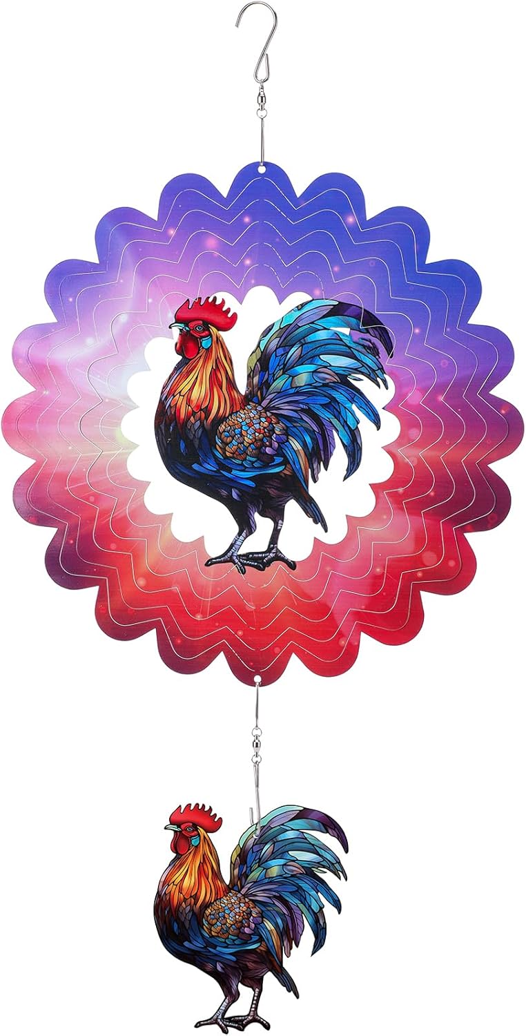 Rooster Hanging Wind Spinner Outdoor - 12 Inches Stainless Steel Wind Sculpture Aesthetic Wind Chime Chicken Farmhouse Art Ornaments for Garden Yard Balcony Patio Lawn Yard Decorations
