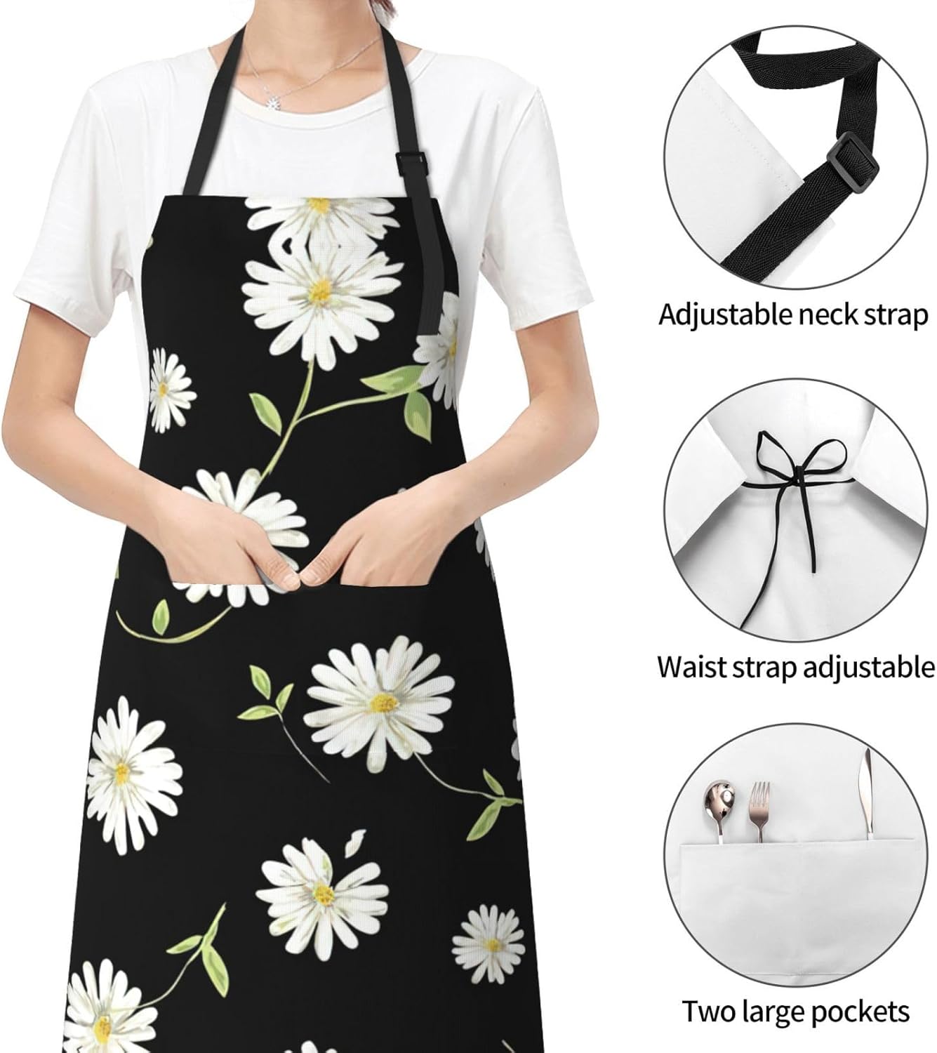 daisy Print 28x33 In Adult Kitchen Apron with Pockets Versatile Chef Smock for Cooking Baking