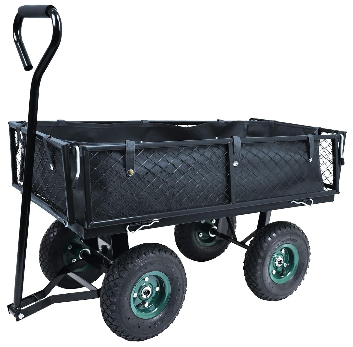 Liner Included, Mesh Steel Folding Utility Wagon with Removable Sides and 10in Pneumatic Tires, Black