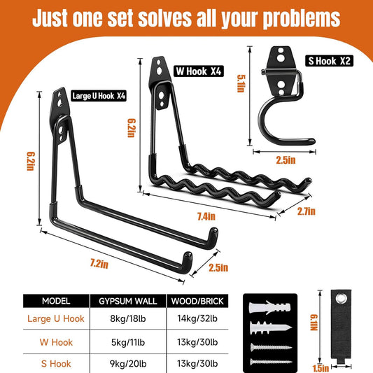 12 Pack Garage Hooks, 2 Extension Cord Storage Straps, Steel Utility Wall Mount Storage Organizer with Anti-Slip Coating for Hanging Ladders, Bikes, Garden Tools, Hose