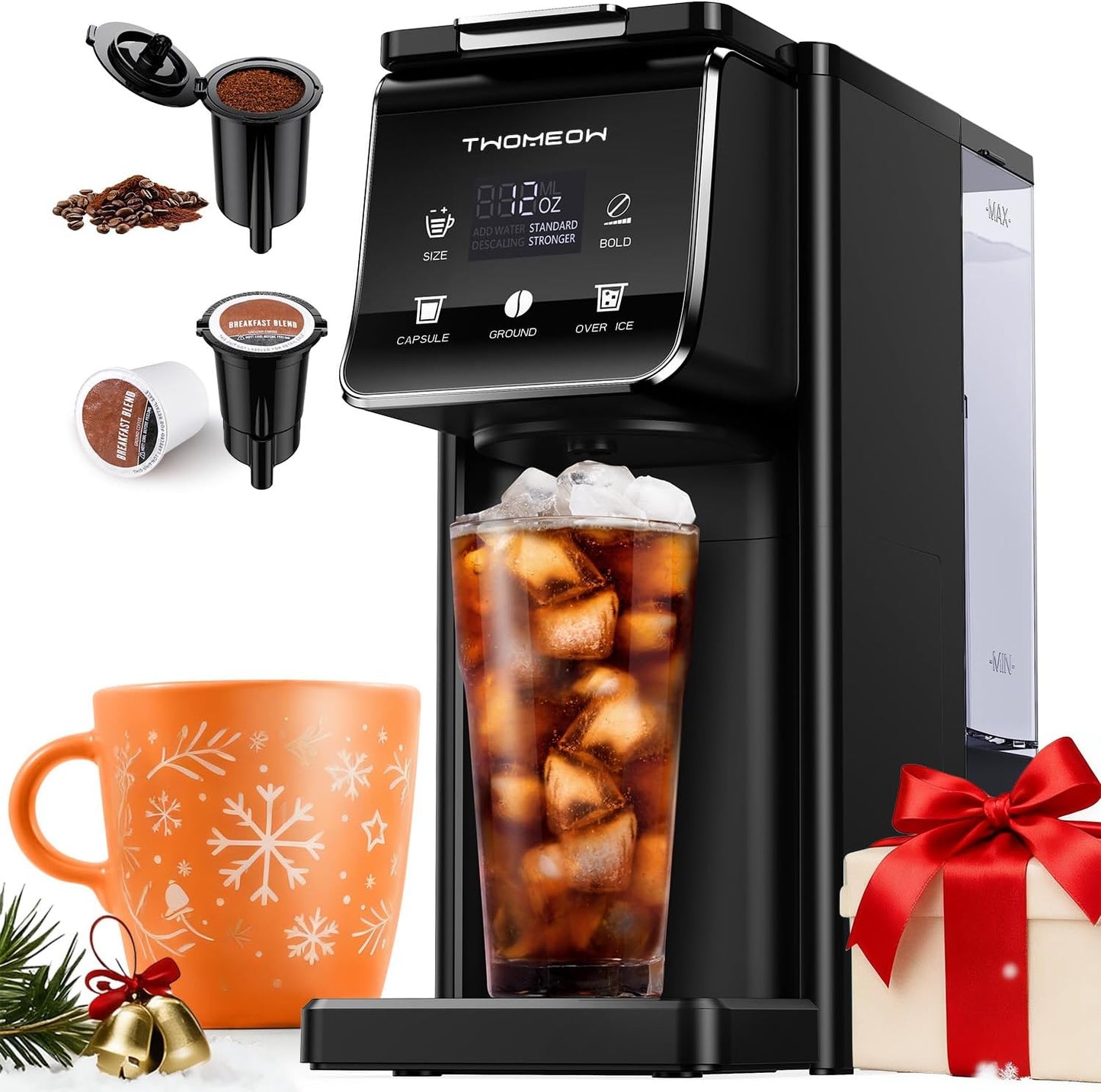Coffee Maker Hot & Iced With Bold Setting,Single Serve Coffee Maker For K Cup And Grounds,52 Oz Removable Water Tank,6-14 Oz Brew Sizes,One Cup Kcup Coffee Machine With Reusable Filter,(Black)