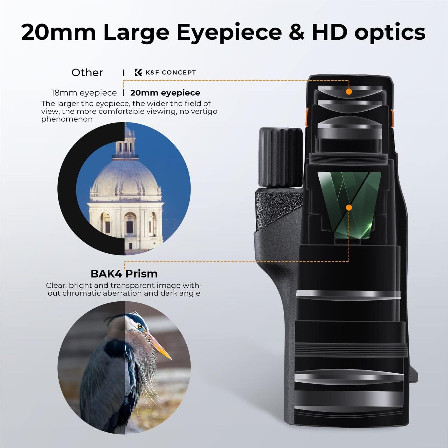 K&F Concept® 12X50 Monocular Telescope with Cleaning Cloth, FMC Lens & BAK4 Prism Telescopes for Adults, Sky Captain HD Monocular for Bird Watching Hunting Hiking Camping Travelling