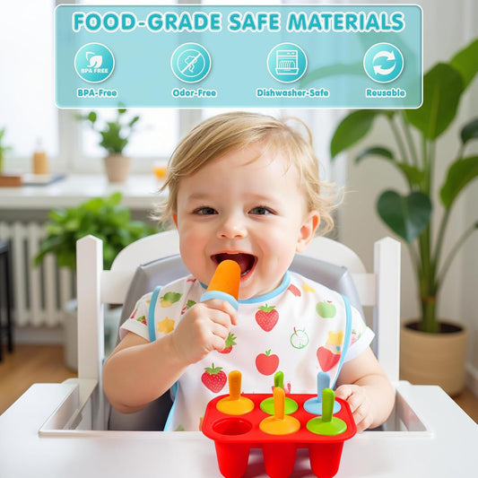 Miaowoof Silicone Popsicles Molds for Toddlers, 6-Cavity Non-BPA Premium Silicone Small Popsicle Molds, Ice Pop Mold with 6 Colorful Reusable Sticks for Kids (Red)