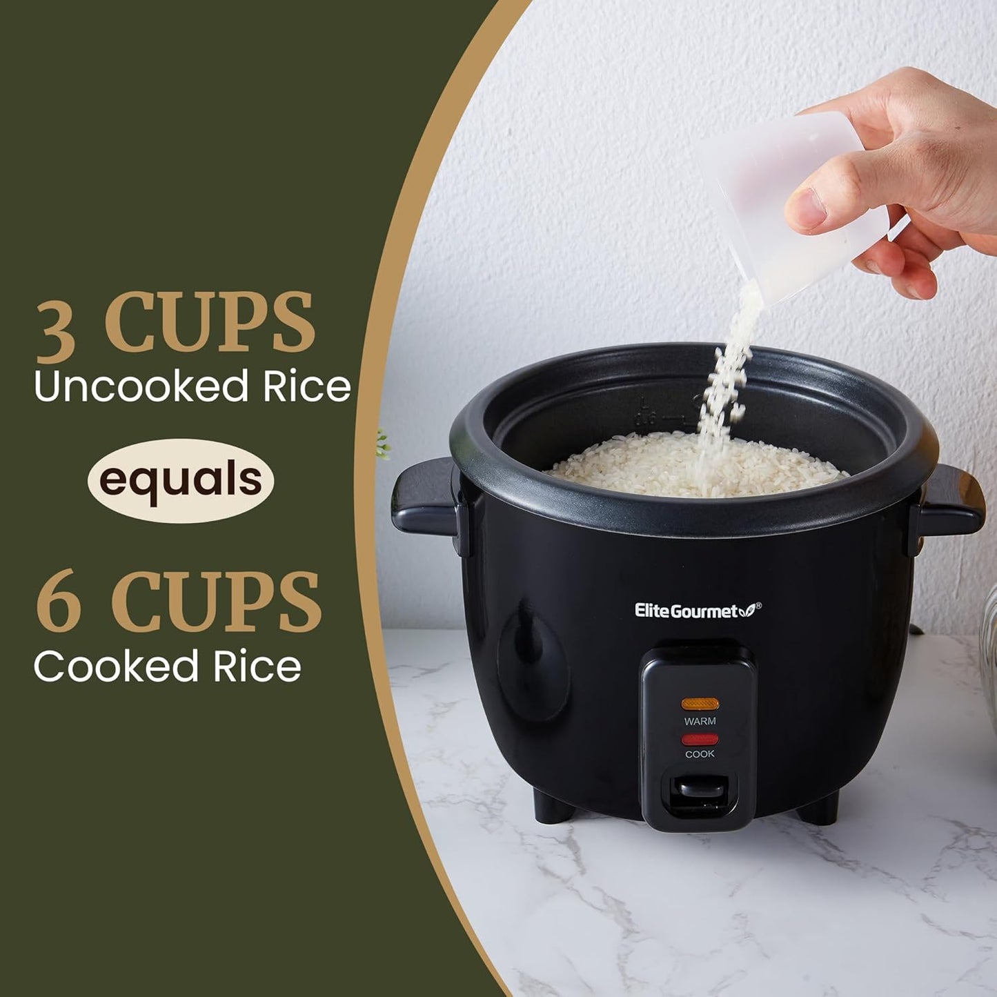 Elite Gourmet Electric Rice Cooker with Steam Tray and Non-Stick Inner Pot Makes Soups, Stews, Grains, Cereals, Keep Warm Feature, 6 Cups Cooked (3 Cups Uncooked), Black