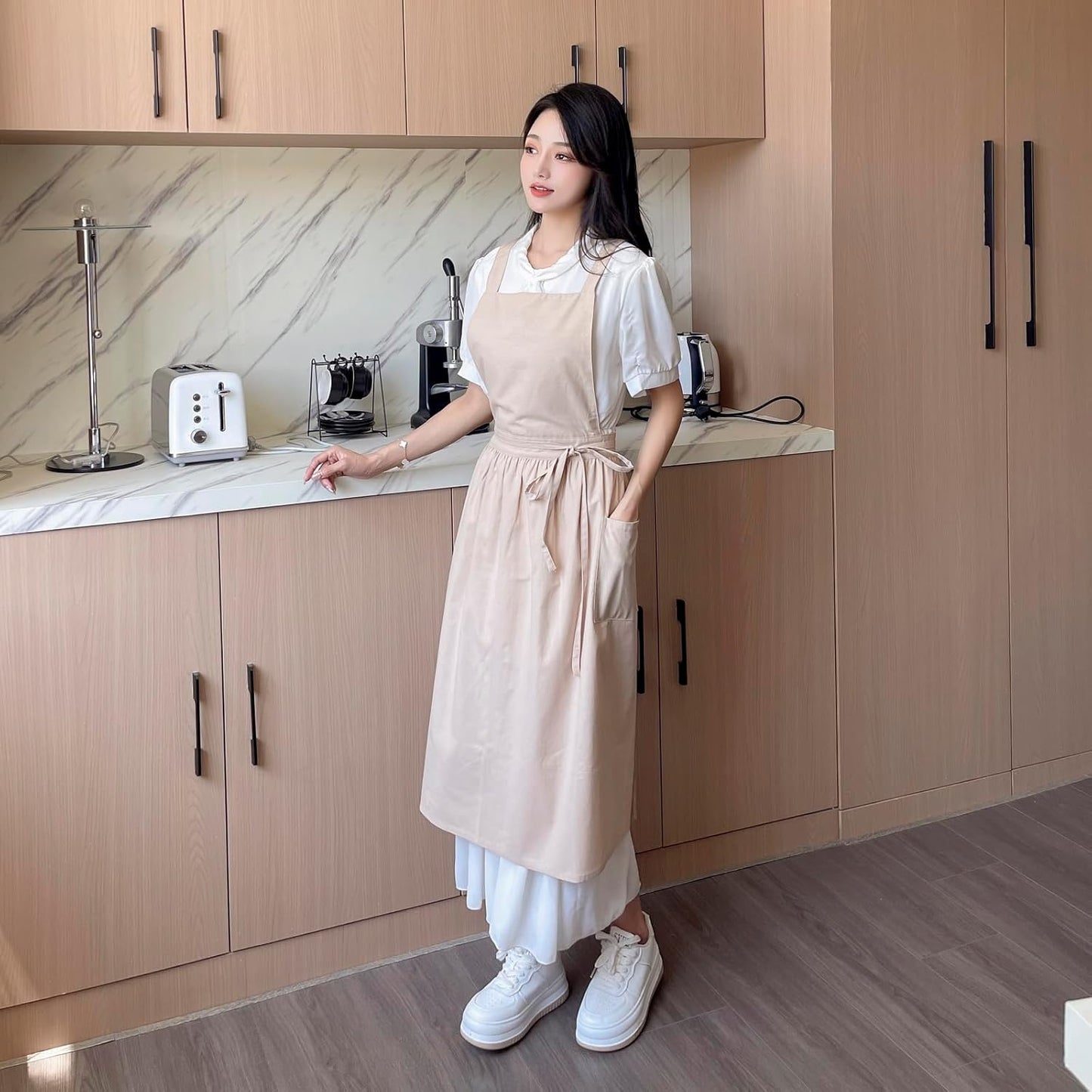 Pinafore Apron Dress，Japanese Cotton Linen Cross Back Apron for Women 