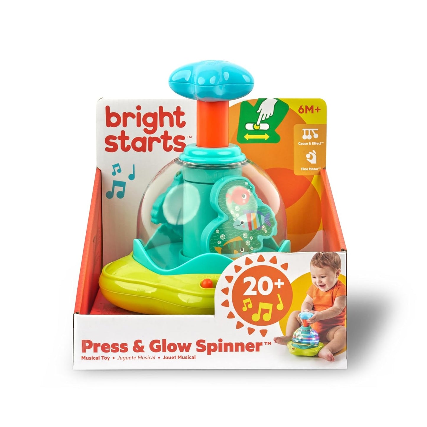 Bright Starts Press & Glow 스피너 원인 및 효과 뮤지컬 아기 장난감, 6개월 이상