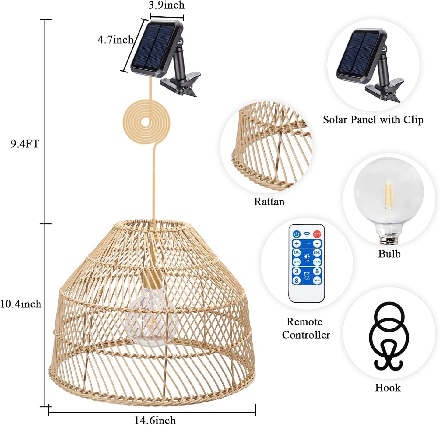 Outdoor Chandelier Solar Pendant Lights, 14.6" Outdoor Pendant Lights Rattan Solar Hanging Lights with Remote 4 Modes Lighting Waterproof Lighted for Garden Porch Patio Kitchen
