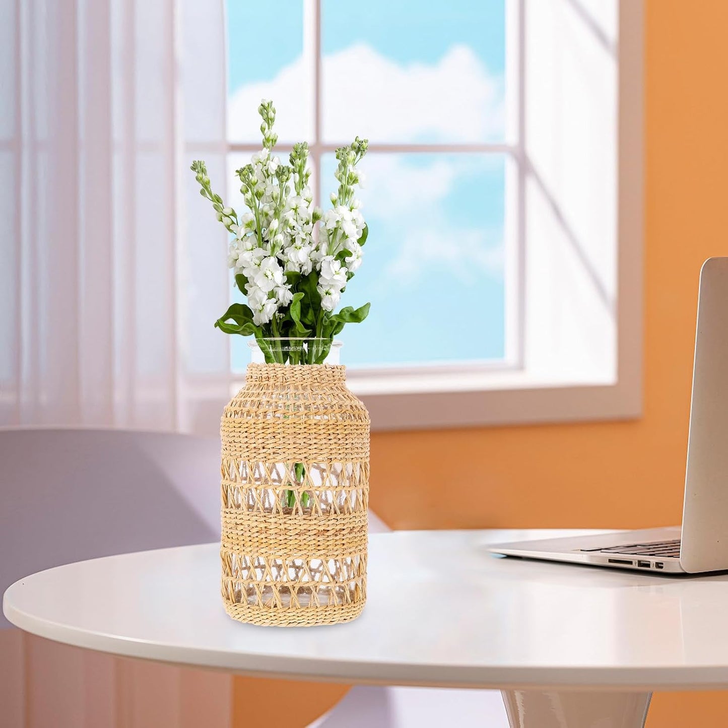 FAVOMOTO Woven Rattan Glass Flower Vase Decorative Table Planter Pot with Seagrass Texture Vintage Style for Home Décor and Office Arrangement