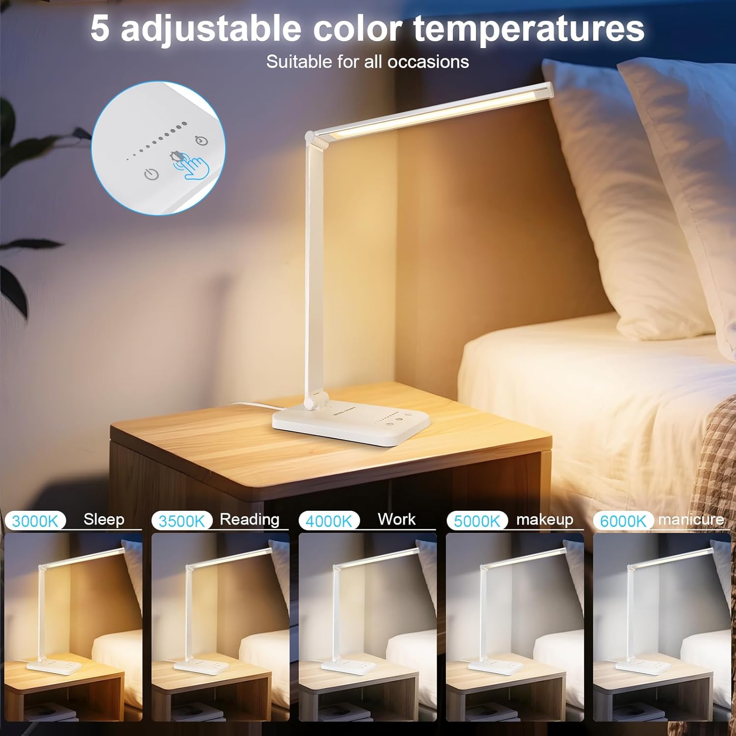 White crown LED Desk Lamp Dimmable Table Lamp Reading Lamp with USB Ch