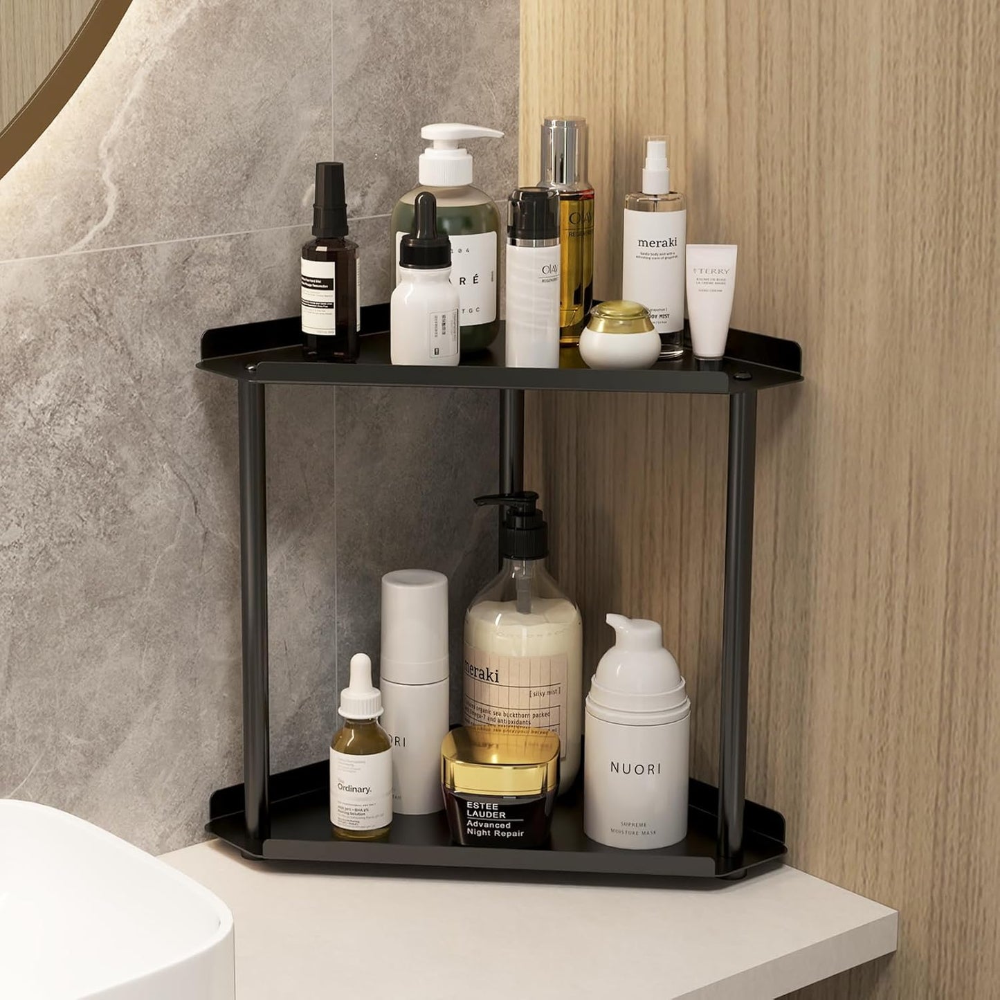 2 Tier Bathroom Counter Organizer, Vanity Organizer Corner Shelf, Skincare, Makeup Countertop Organizers, Kitchen, Bathroom Counter Storage, Black