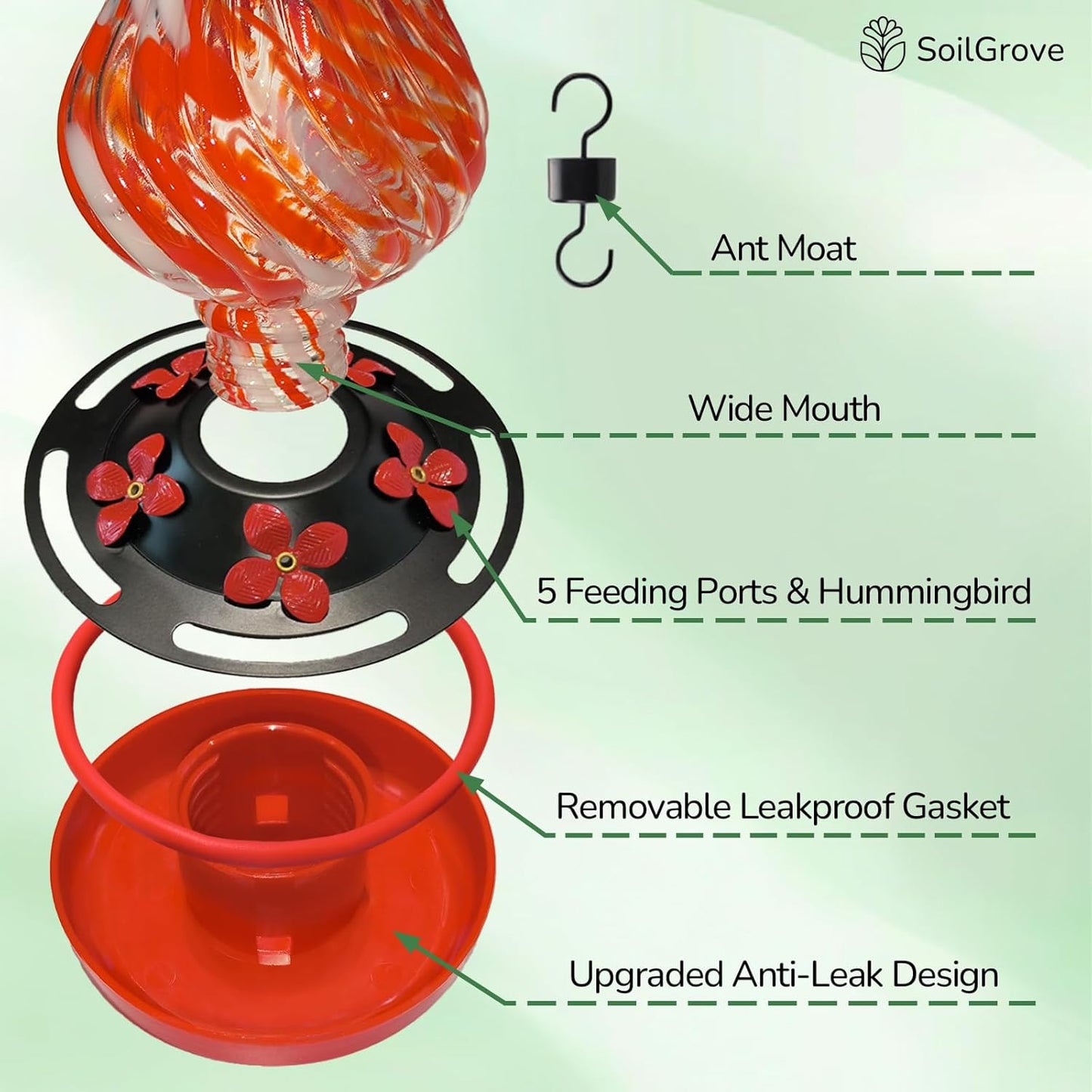 Glass Hummingbird Feeder,24oz Red Hand Blown Humming Bird Feeders for Outdoors Hanging with 5 Feeding Ports & Ant Moat,Unique Gifts for Women Men,Hanging Garden Decor