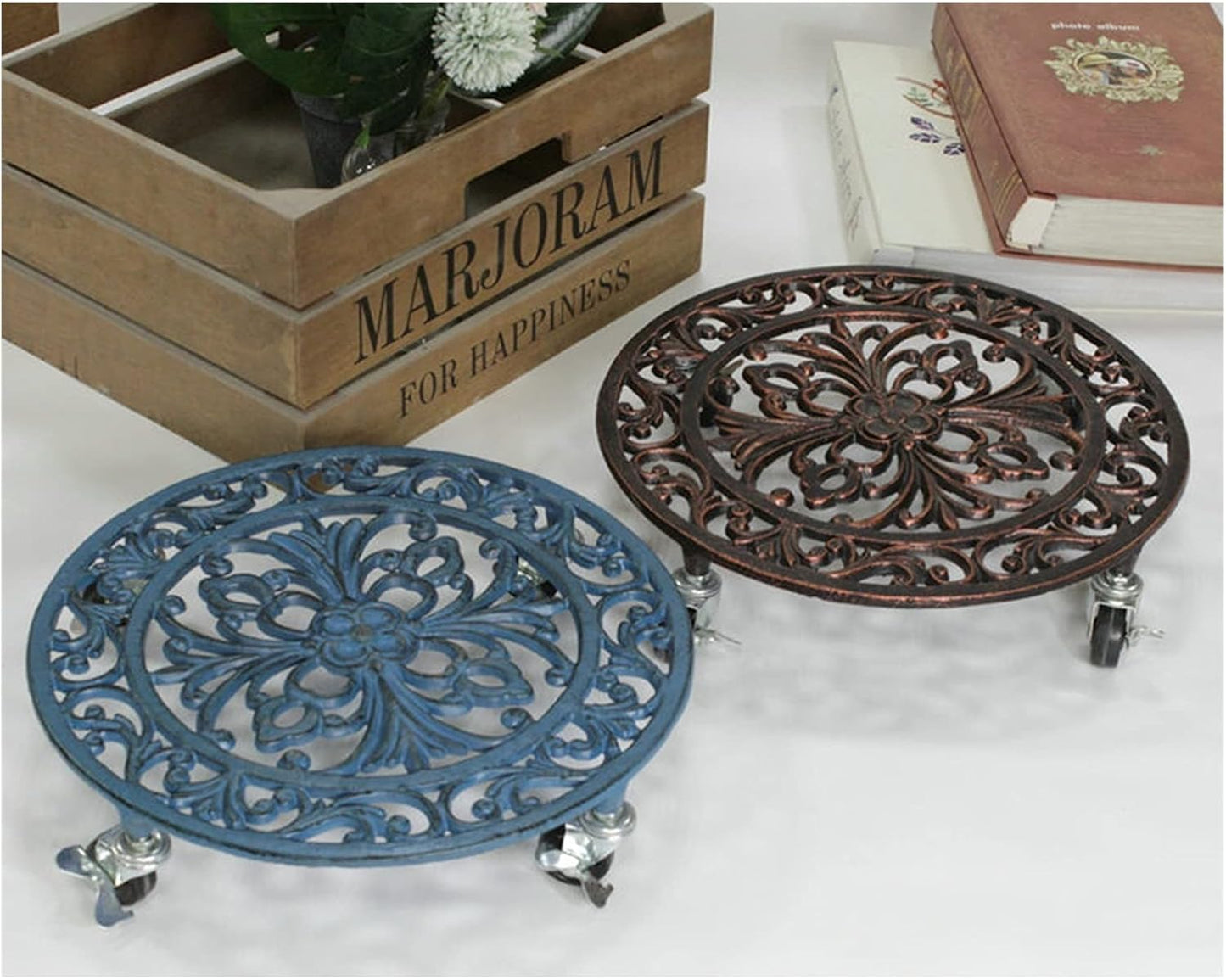 Wooden Vase Base Plant Caddy Cast Iron Plant Stand Round Indoor Outdoor on Roller Patio/Flower Pot (14in Iron Planter Trolley) Wooden Vase Stand (Color : A)