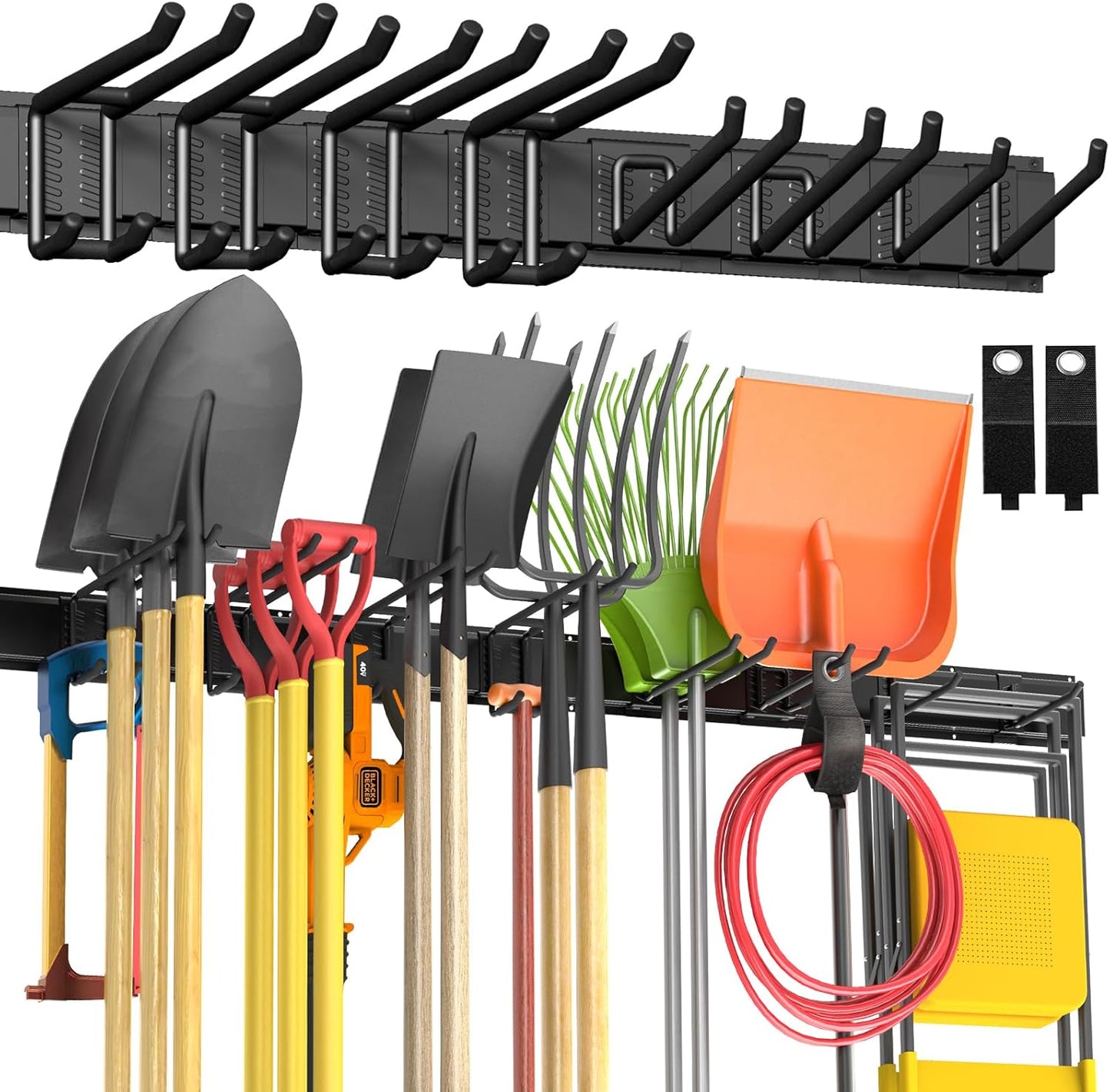 Garage Tool Organizer Wall Mount, 64" Heavy-Duty Metal Wall Organizer, 4 Rails with 8 Adjustable Hooks, Garden Storage Rack for Organization, Sturdy Tool Hanging Holder for Shovel Shed Yard