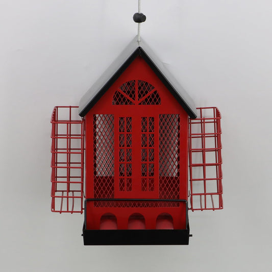 Red House Metal Bird Feeder - 20" Hanging Wild Bird Feeder with Decorative Accents, Large Capacity Outdoor Birdfeeder for Cardinals and Songbirds, Perfect Garden Gift