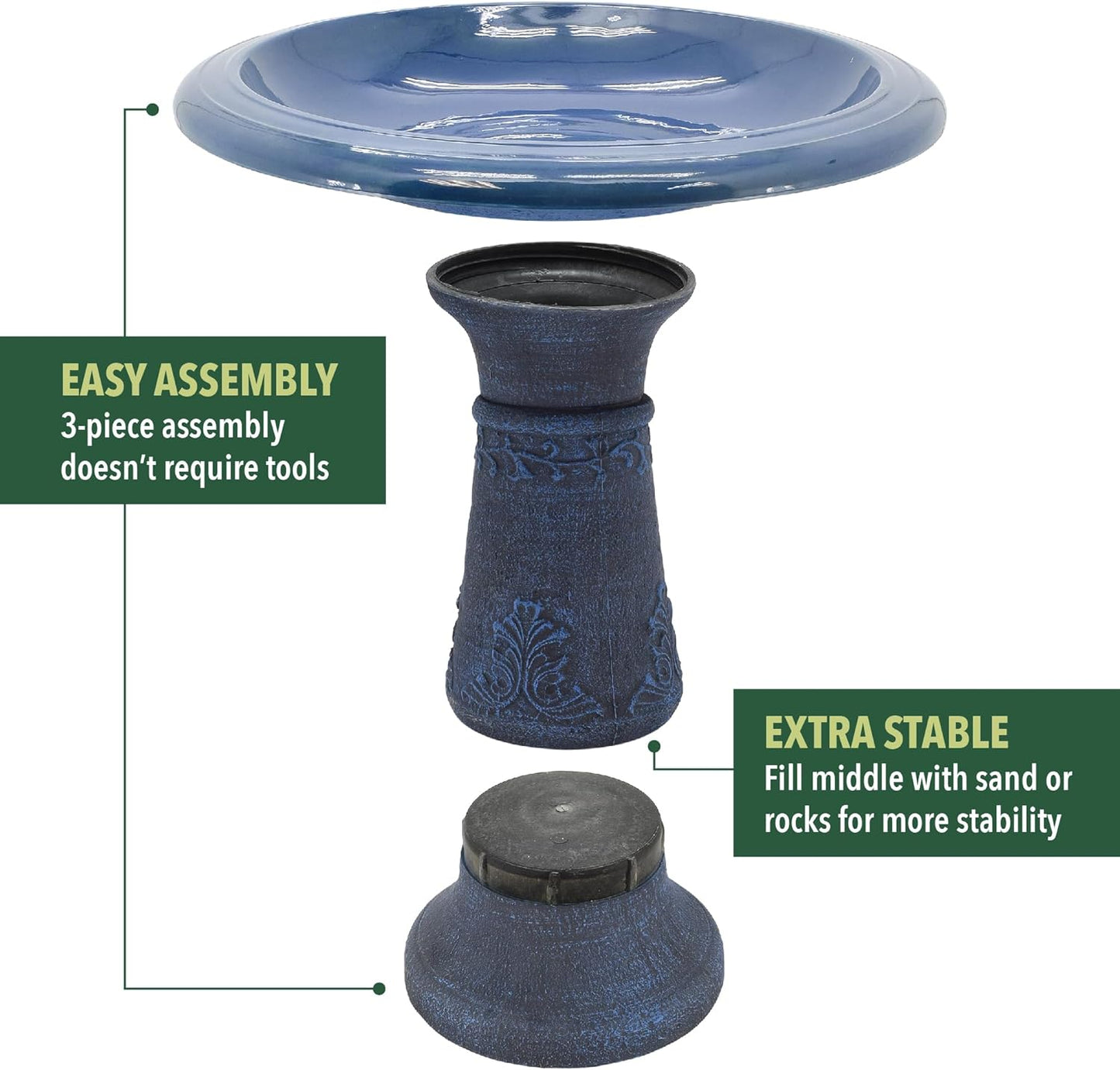 Arcadia Garden Products Fiberclay Bird Bath Outdoor Garden Decor, Antique Vintage Weather Resistant Water Bowl for Backyard and Patio and, 20-inch Tall, Blue