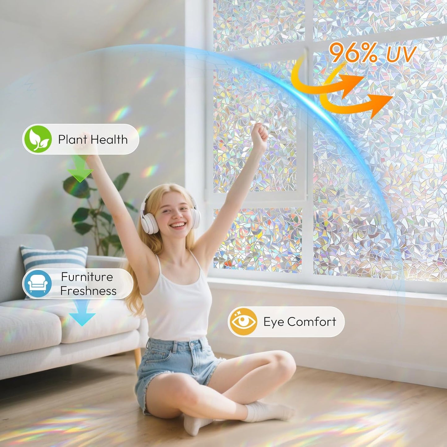 rabbitgoo Window Privacy Film Stained Glass Rainbow 3D Prism Decorative Iridescent Window Sticker Static Cling Suncatcher UV Protection for Home Heat Control, 17.5" x 78.7"
