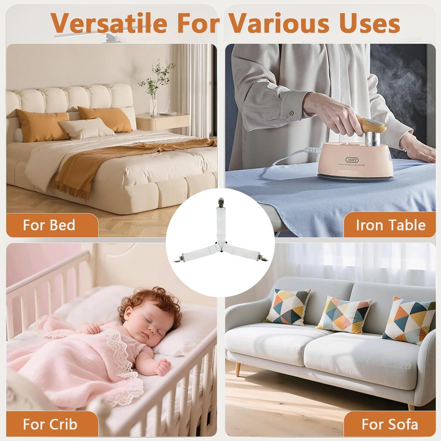 4PCS Bed Sheet Straps with Metal Clips, Adjustable Elastic Fitted Sheet Holders for Corners, Keep Bedding Wrinkle-Free, Easy to Install Durable Fasteners, Mattresses (White)