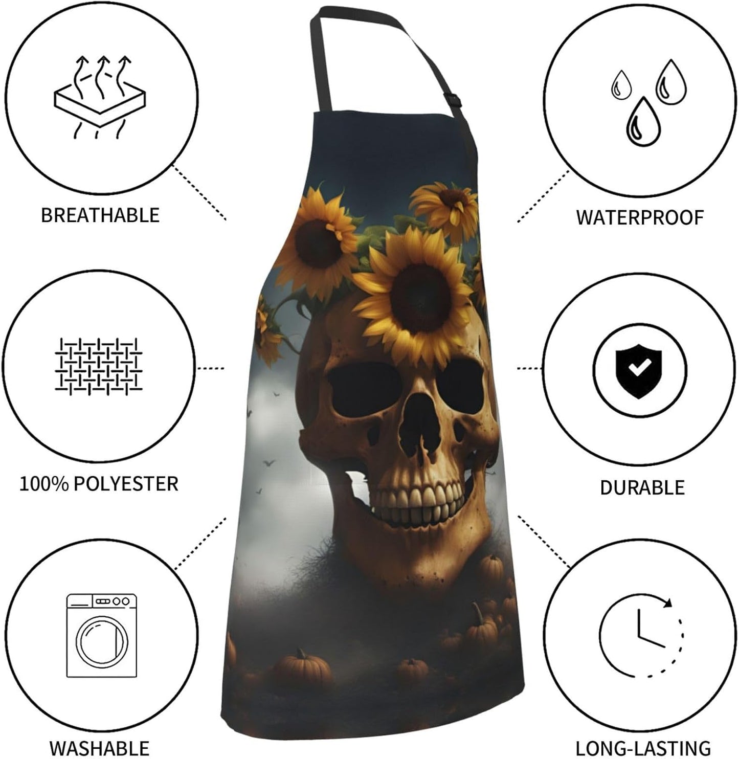 Sunflower Halloween Skull print Waterproof chef's apron with pocket apron for kitchen cooking baking barbecue and gardening