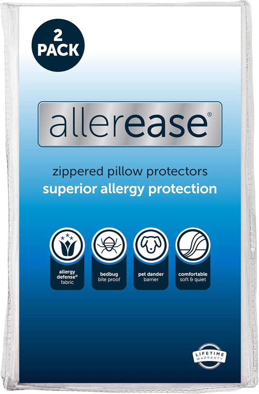 Set of 2 Standard/Queen AllerEase Pillow Protectors - Moisture Wicking, Advanced Allergy Protection - Premium Polyester, Zippered Protectors