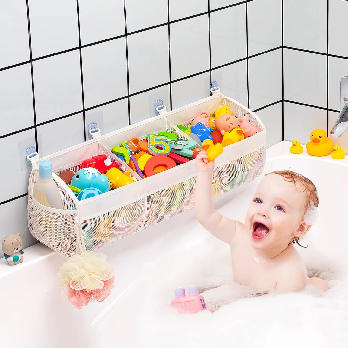 Original 3 Compartment Horizontal Large Openings Bath Toy Organizer fo