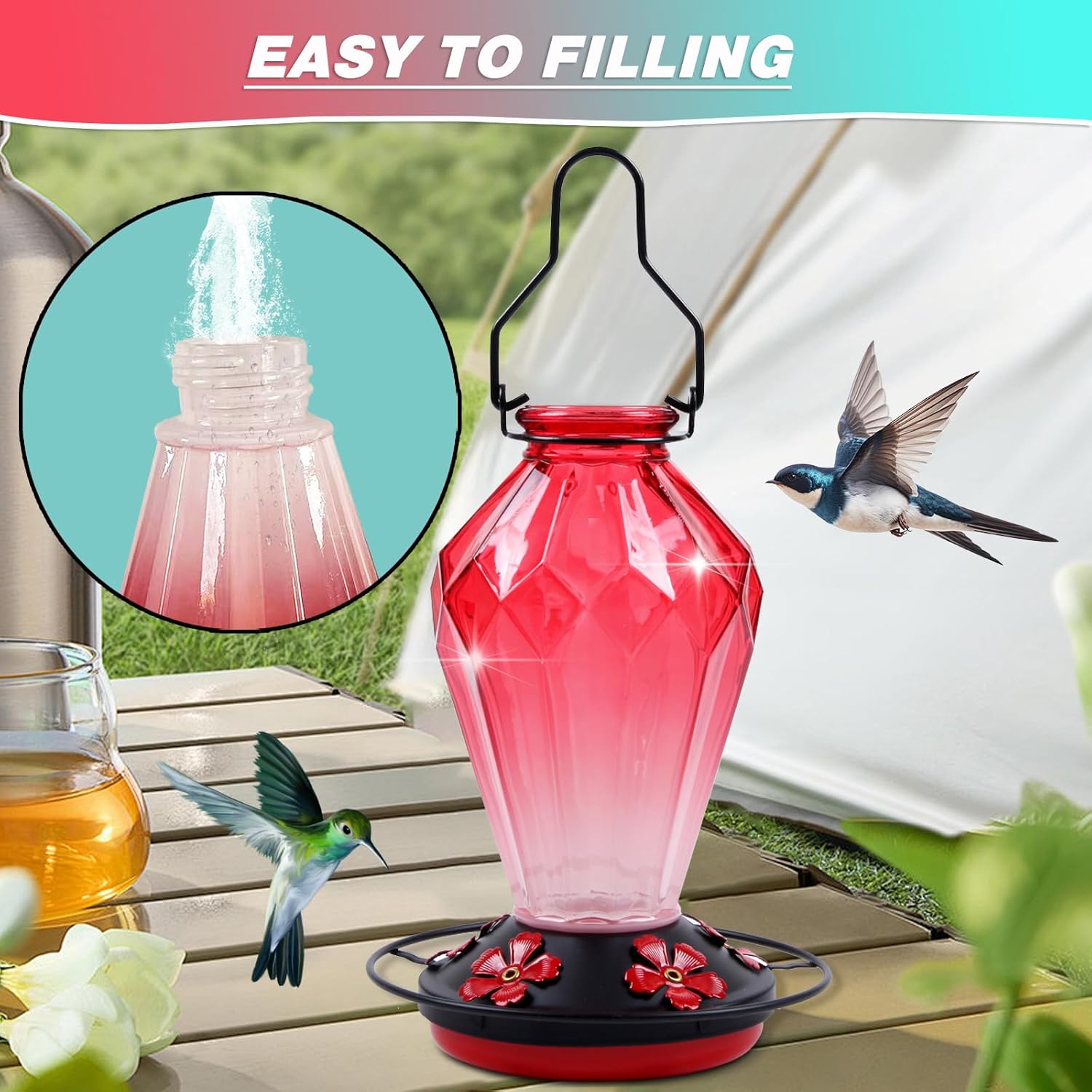 Glass Hummingbird Feeder for Outdoors Hanging, 25Oz Humming Bird Necta